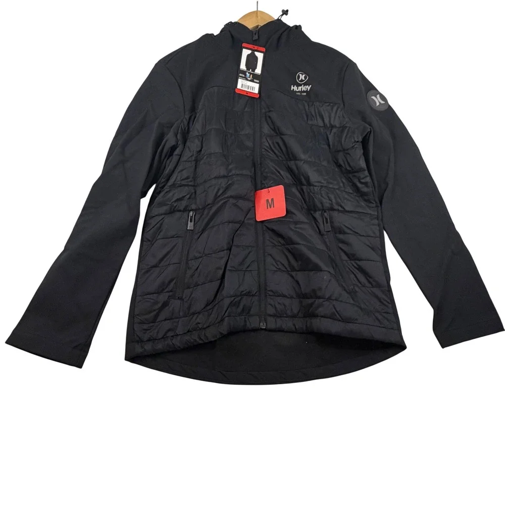 Hurley Mens Black Windproof Hybrid Jacket Quilted Hooded Softshell Size M NEW